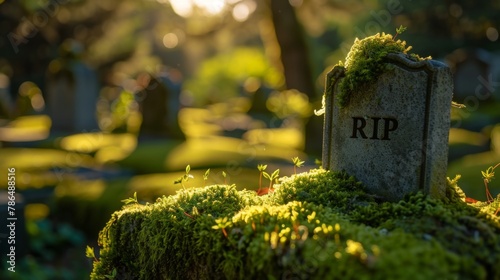 Detailed shot of a tombstone overgrown with moss and inscribed with RIP set in a quiet shadowy cemetery