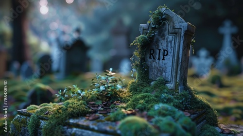 Detailed shot of a tombstone overgrown with moss and inscribed with RIP set in a quiet shadowy cemetery photo