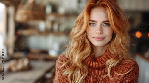  A women with red hair, gazes intently into the camera, donning a sweater