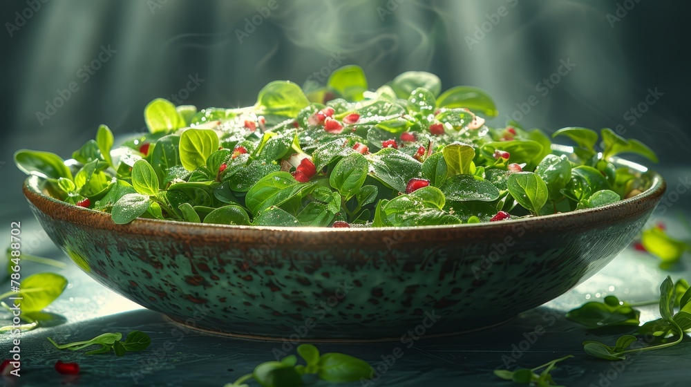   A bowl overflowing with green leaves and red berries atop a weathered wooden table, adorned with identical foliage and fruit