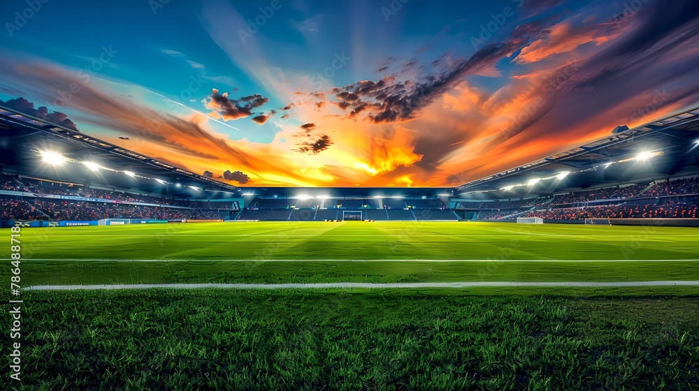 Fototapeta premium Dramatic sunset over an empty soccer stadium. Vivid sky above the grass field. Concept of sports in nature's beauty. Perfect for background use. Nature meets sport at twilight. AI