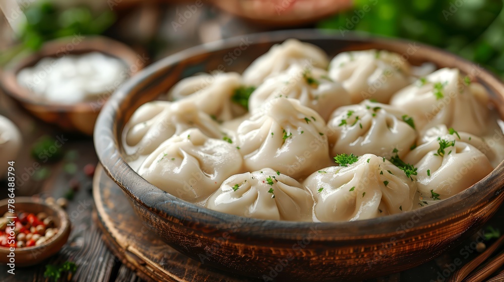 A wooden table holds a bowl filled with dumplings Green sprinkles grace the dumplings' surface A wooden table holds a bowl filled with dumplings Green sprinkles grace the dumplings' surface
