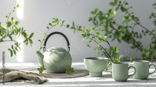 Japanese green tea set in sunlight room 