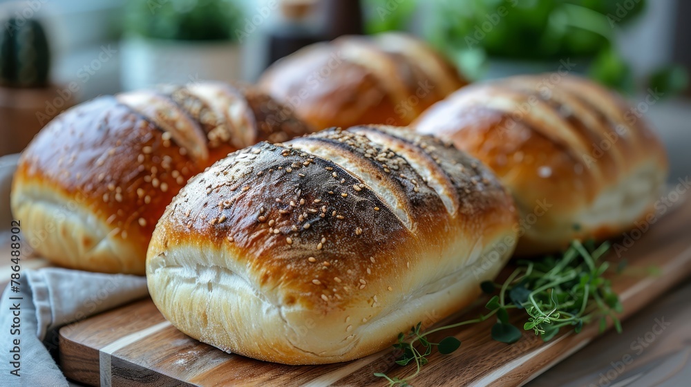 A collection of bread loaves on a cutting board with a knife and a potted plant nearby A collection of bread loaves on a cutting board with a knife and a potted plant nearby