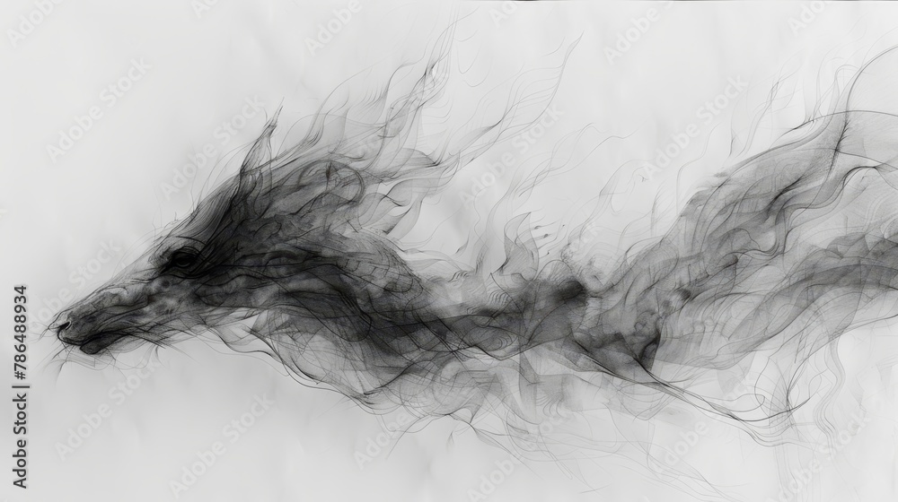 A monochrome image of smoke emanating from a black and white animal's head A monochrome image of smoke emanating from a black and white animal's head