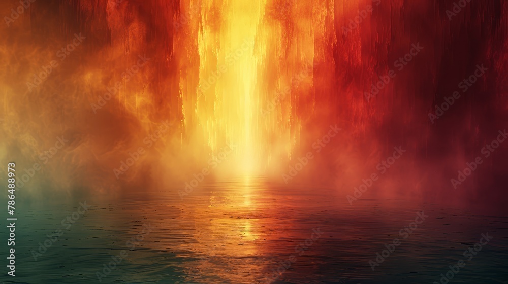   A painting of a serene body of water bordered by vibrant red, yellow, and orange clouds, concluding with a brilliant light at its edge