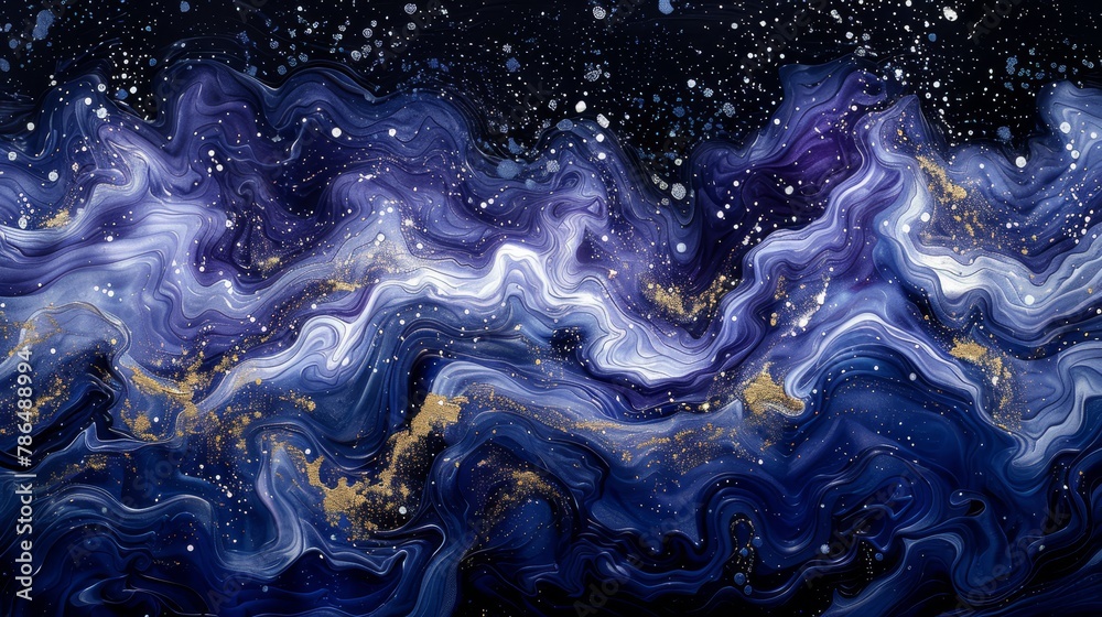   A painting of golden and blue swirls against a black backdrop, featuring snowflakes descending from above