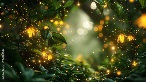  A verdant forest teems with Yellow flowers and tiny yellow fireflies flitting above foliage