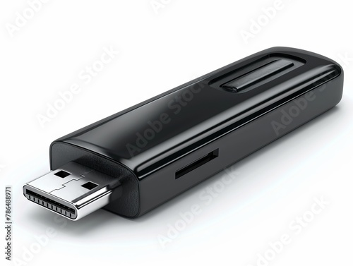 A black usb flash drive with a small black cable.