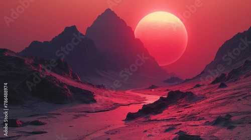   An alien landscape with a red sun centrally positioned in the sky and a mountain range in the foreground #786488974