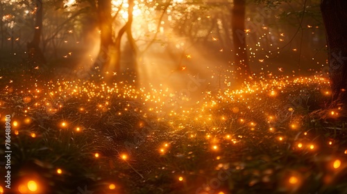   A forest teeming with numerous fireflies  in the heart of another firefly-filled forest