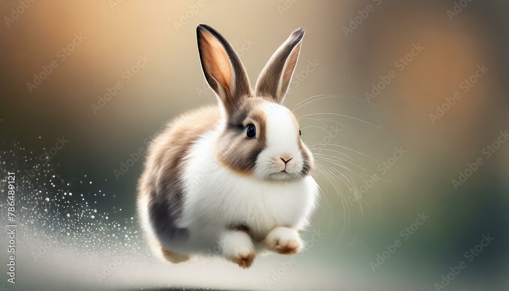 Fototapeta premium A fluffy, bouncing cute rabbit gives a sense of realism and a gentle fairy-tale impression, creating a background that maximizes the visual effect.