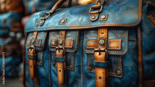  A blue and brown leather bag atop a stack of identical counterparts