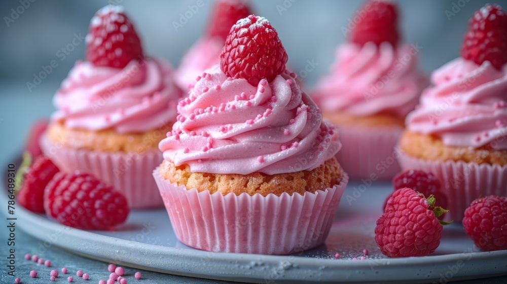   A pristine white plate holds luscious cupcakes, each generously smothered in frosting Toppings of ruby-red raspberries and succulent