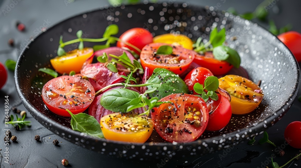 A tight shot of a bowl brimming with tomatoes and spinach on a table A tight shot of a bowl brimming with tomatoes and spinach on a table