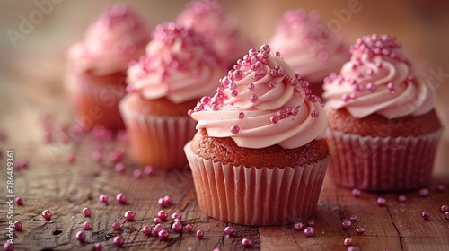  A collection of cupcakes, each topped with pink frosting and sprinkles, sits atop a weathered wooden table