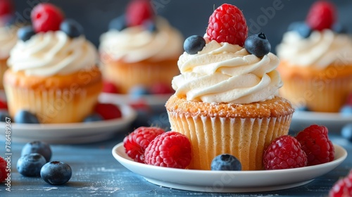  A tight shot of a plate filled with cupcakes, each topped with luscious frosting and plump raspberries