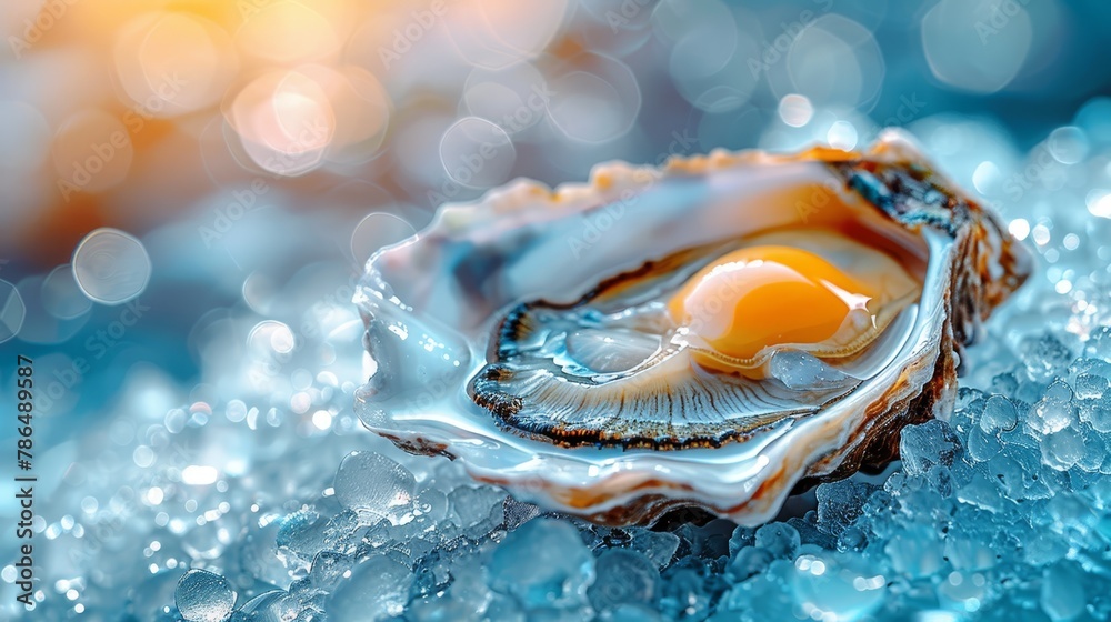 A tight shot of a shell housing an egg at its core, nestled on an icy surface under a sunny sky A tight shot of a shell housing an egg at its core, nestled on an icy surface under a sunny sky