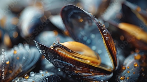  A close-up of a mussel shell with water droplets on its surface and a yellowish shell in the center