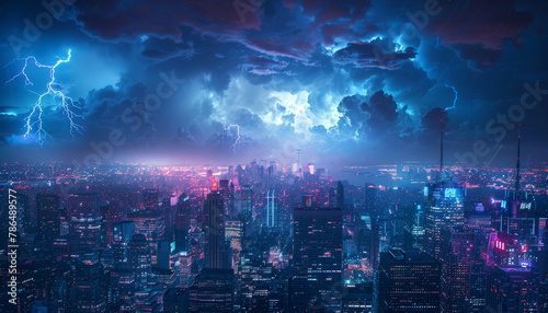 A cityscape with a stormy sky and lightning bolts by AI generated image