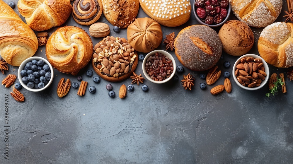   A line of breads, pastries, nuts, and blueberries against a gray backdrop