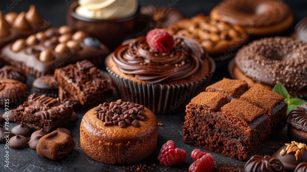 A table laden with various cakes and cupcakes, their tops boasting chocolate frosting and raspberries A table laden with various cakes and cupcakes, their tops boasting chocolate frosting and raspberries