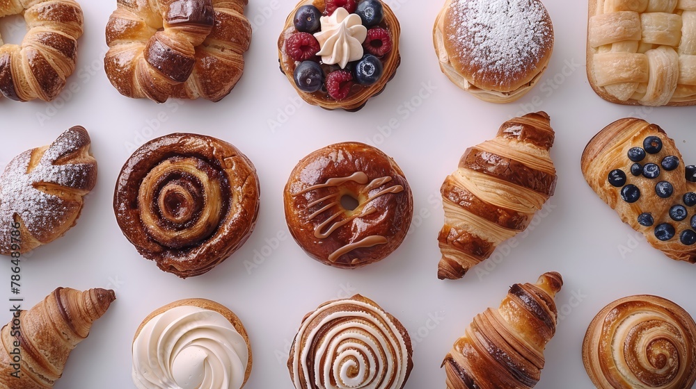   A selection of various breads and pastries against a white backdrop, featuring blueberries and raspberries Croissants and blueberries are among the items showcased