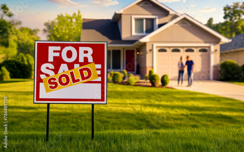 Professional real estate photography of couple focusing on Sold Sticker on FOR SALE yard sign frame high resolution Stock Photo Image generic and clean photo