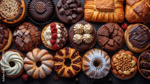   A table laden with various cakes and muffins atop a black countertop © Jevjenijs