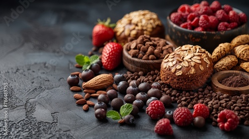  A table laden with various cookies and muffins adjacent to a bowl filled with raspberries and almonds