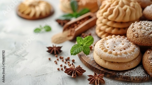  A wooden cutting board holds a stack of cookies, adjacent to a mound of star anise