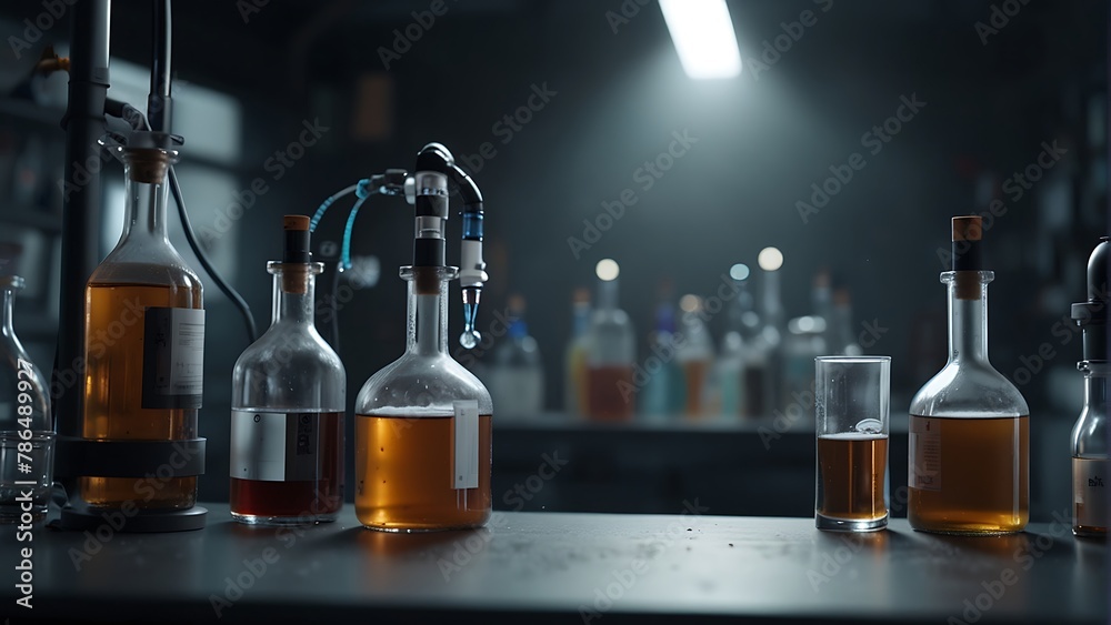 Laboratory Glassware and Equipment with Liquids for Science Experiments