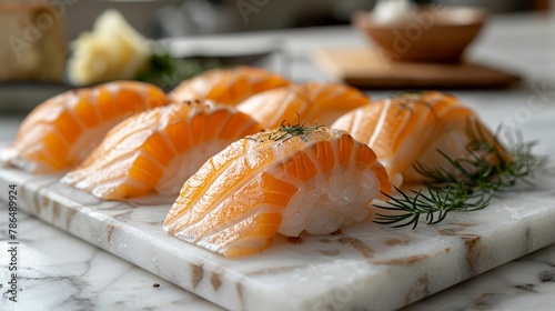  A tight shot of sushi on a pristine white plate against a marbled countertop, garnished with a sprig of fragrant rosemary
