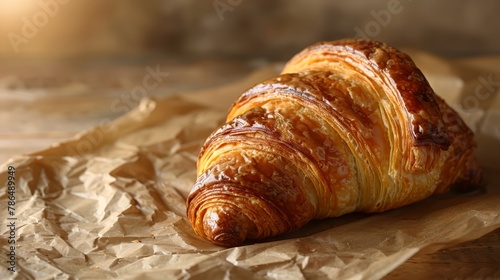  A croissant atop one piece of wax paper