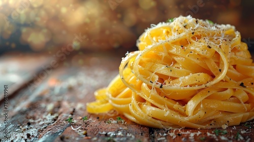   Close-up of pasta dish with Parmesan sprinkles on wooden surface