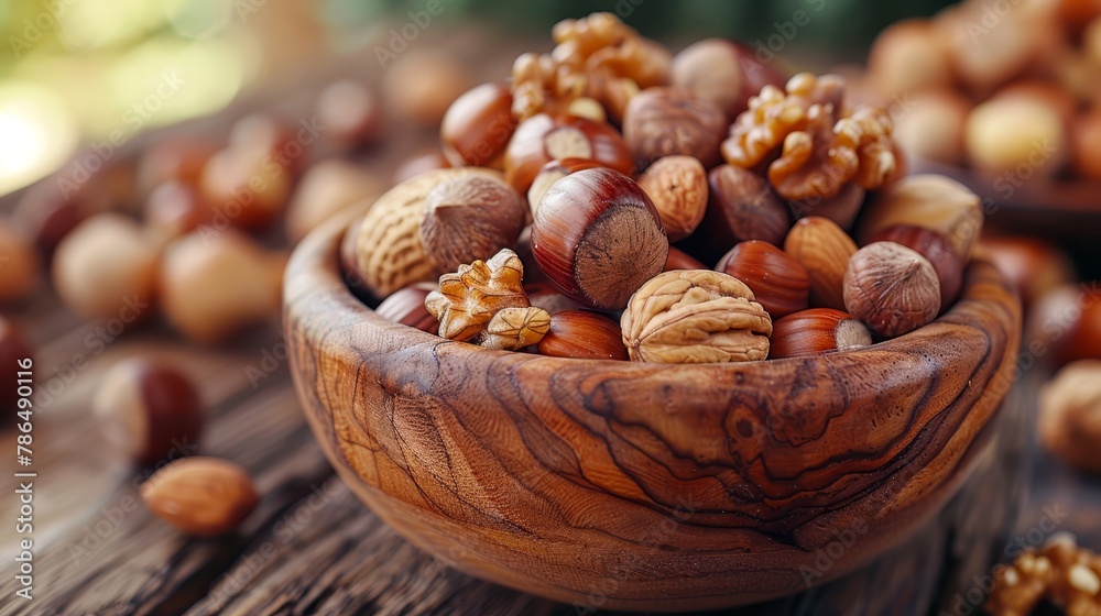   A wooden table holds a bowl filled with nuts, while an adjacent stack of nuts rests upon it