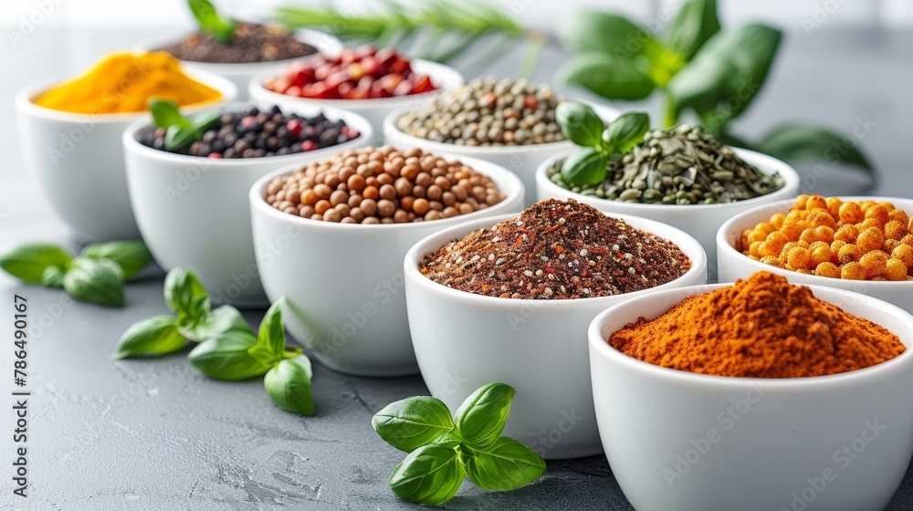A table displays a row of white bowls, each brimming with distinct spice types Green leaves and peppercorns lie adjacent A table displays a row of white bowls, each brimming with distinct spice types Green leaves and peppercorns lie adjacent