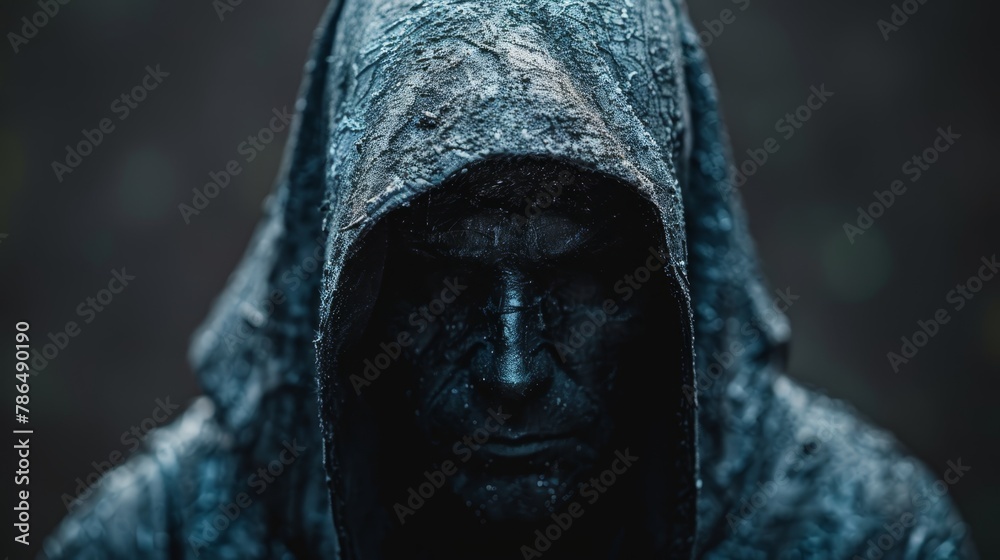 A tight shot of a statue depicting an individual in a hooded jacket, wielding a knife in each hand A tight shot of a statue depicting an individual in a hooded jacket, wielding a knife in each hand