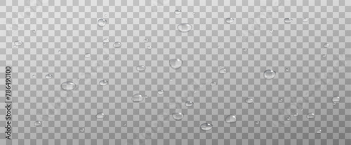 Realistic vector water drops png on a transparent light background. Water condensation on the surface with light reflection and realistic shadow. 3d vector illustration