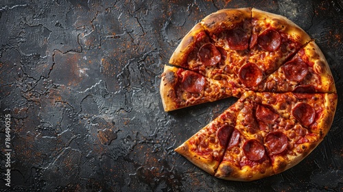  Four slices of pepperoni pizza on a black surface One slice is taken, showing a bite