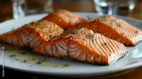  Three salmon slices on a white plate, with a glass of water behind it