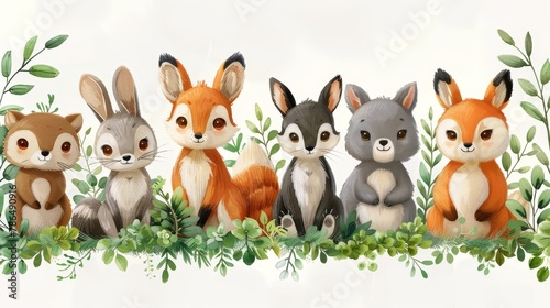  A collection of plush toys seated together on a verdant plant-covered terrain against a white backdrop