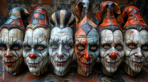  A collection of clown masks arranged on a wooden table, facing a brick wall