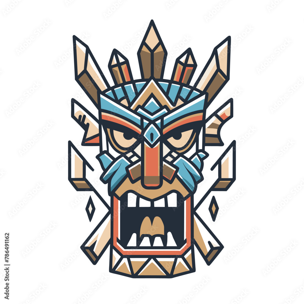 Vibrant and intricate illustration of a colorful tribal polynesian tiki mask. Handcrafted with traditional craftsmanship and featuring exotic patterns and symbols