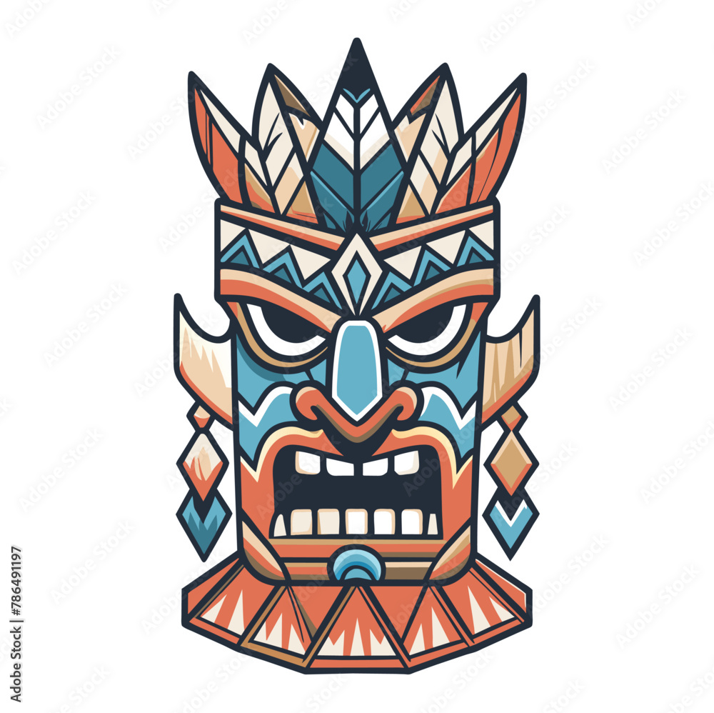 Exquisite hand-drawn colorful tiki mask illustration with intricate tribal hawaiian design, showcasing traditional polynesian art and culture, perfect for souvenir and decoration Exquisite hand-drawn colorful tiki mask illustration with intricate tribal hawaiian design, showcasing traditional polynesian art and culture, perfect for souvenir and decoration