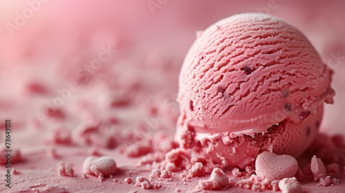   A pink scoop of ice cream atop a mound of pink sprinkles against a pink background