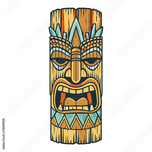 Vibrant illustrated tiki mask with tribal patterns, evoking hawaiian culture and art