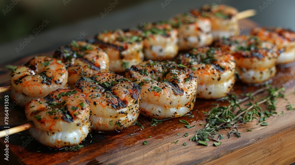 A wooden cutting board topped with shrimp and skewers of food A wooden cutting board topped with shrimp and skewers of food