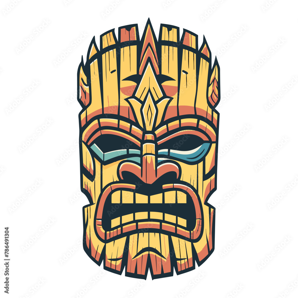 Exquisite handcrafted vector illustration of a vibrant polynesian tiki mask. Showcasing traditional tribal wood carving and ceremonial culture