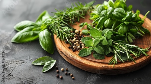   A wooden cutting board bearing numerous green herbs atop, nearby sits more herbs and green leaves on an adjoining wood board photo